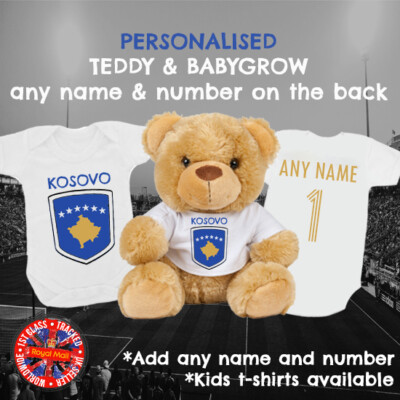 Kosovo Football Babygrow & Teddy Bear Personalised Matching Gift Set Albania