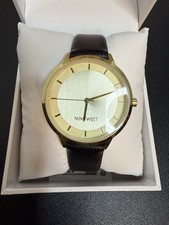 Nine West Women's Watch , Gold Tone Dial, Black Faux Leather Band