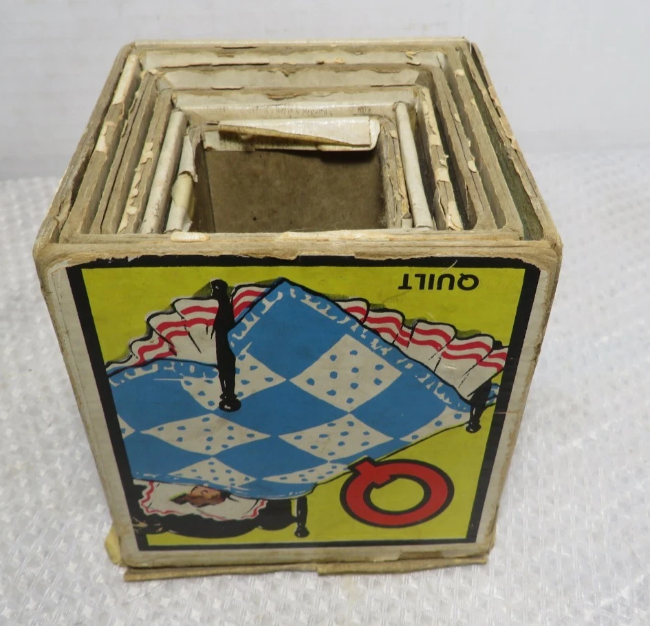 VINTAGE 1940's SET 6 CHILDRENS LITHOGRAPH CARDBOARD STACKING NESTING BLOCK SET - Image 3 of 4