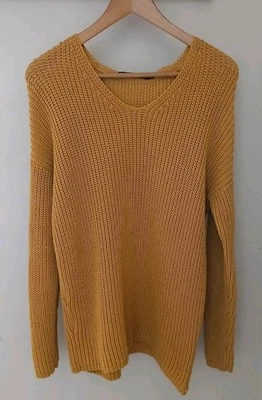Jenni Kayne Fisherman Organic Cotton Sweater Size XS Mustard Yellow V Neck Cabin