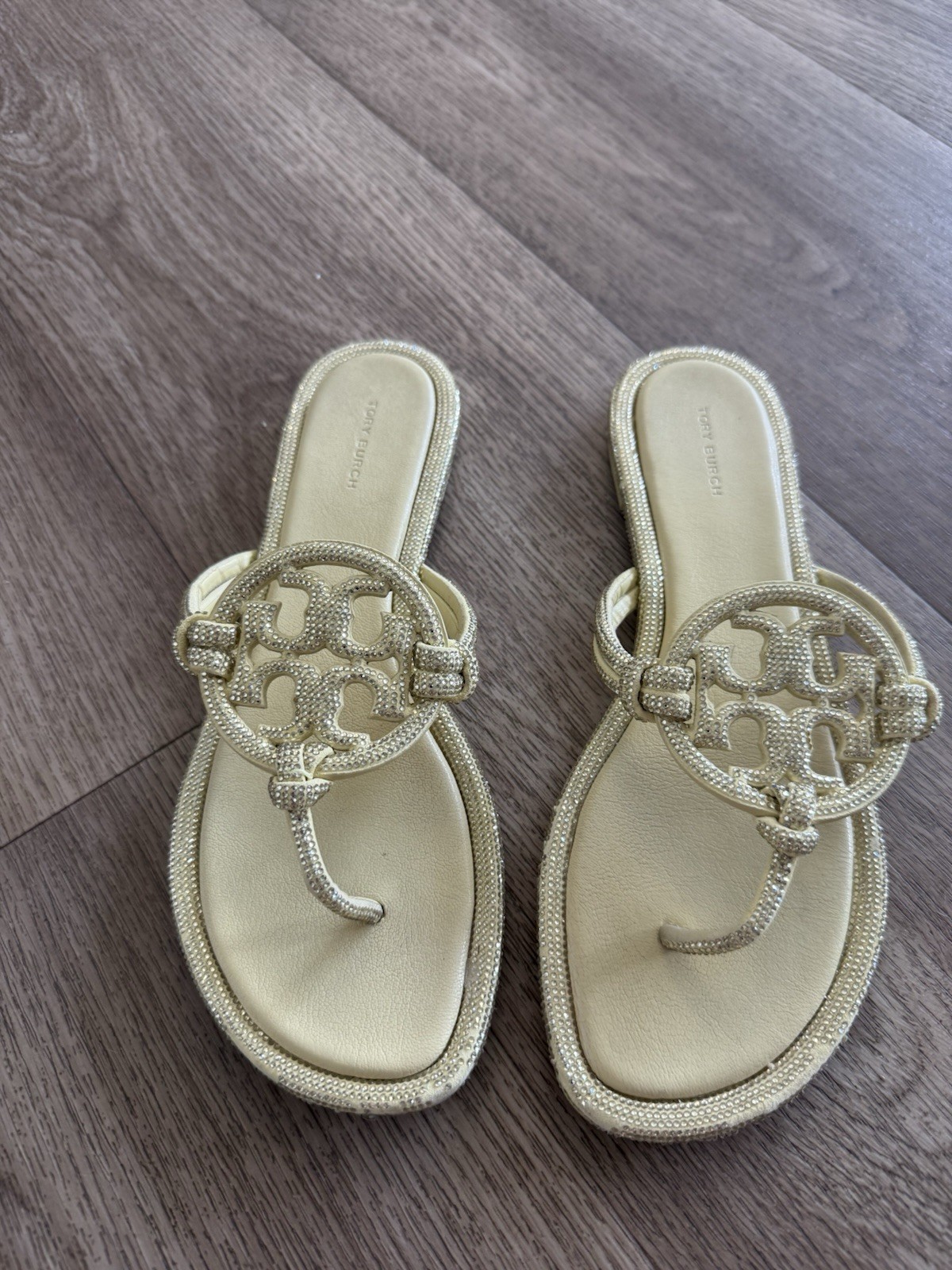 Tory Burch Miller Pave Knotted Sandal Matte Sun Yellow Gold Crystal Thong Sz 10