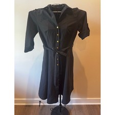 Sharagano Black Belted Shirt Dress Size 4 Roll Tab Sleeves Pockets