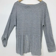 Adrienne Vittadini Linen Top Woman Large Blue White Stripe Nautical Beachy Work