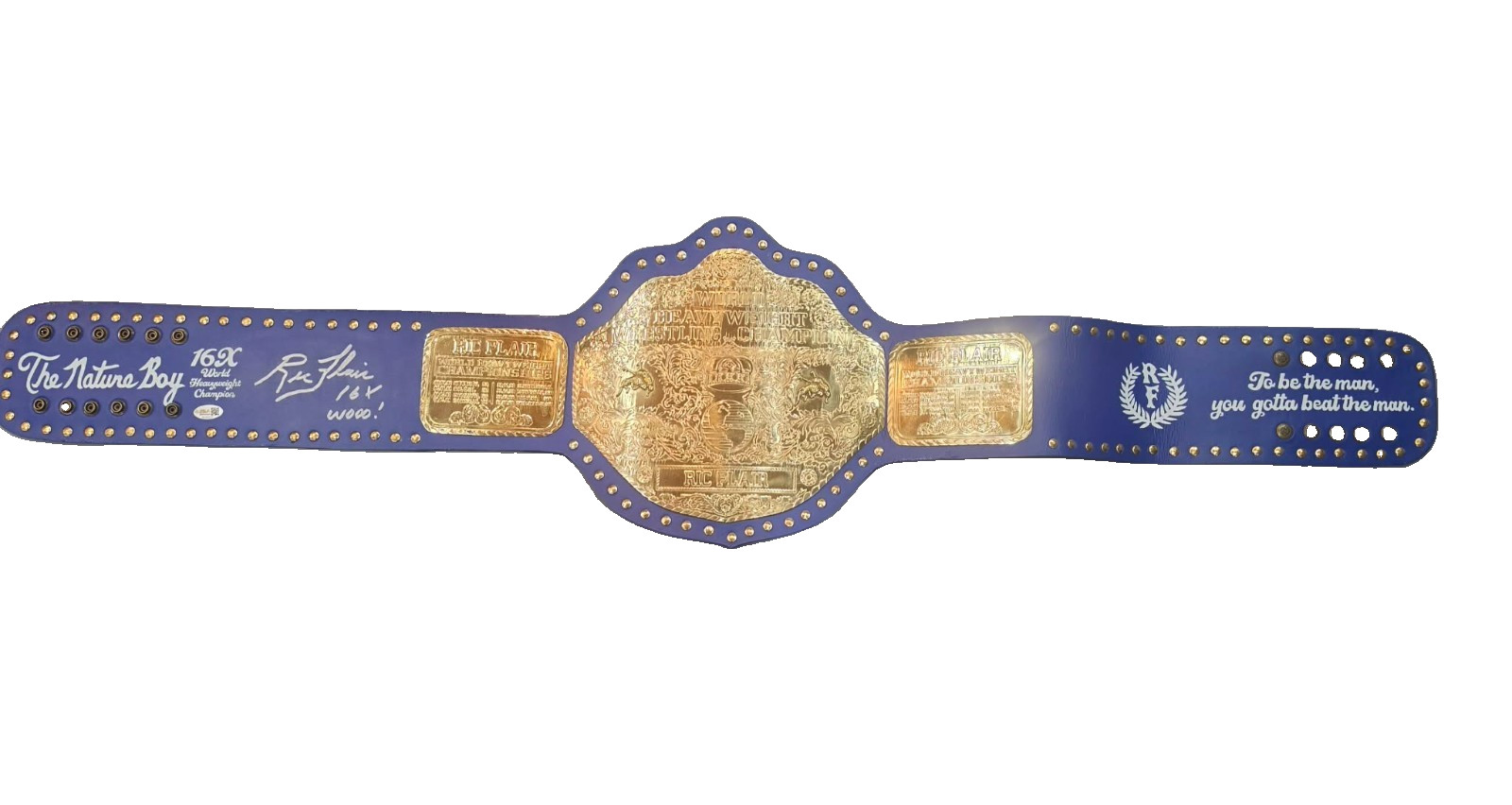 RIC FLAIR AUTOGRAPHED CUSTOM BLUE & GOLD BELT JSA NATURE BOY 16x Wooooo BLUE