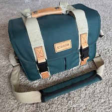 Canon Camera Bag Green Canvas Leather Trim Strap 12 x 9 x 7 Padded Case VINTAGE