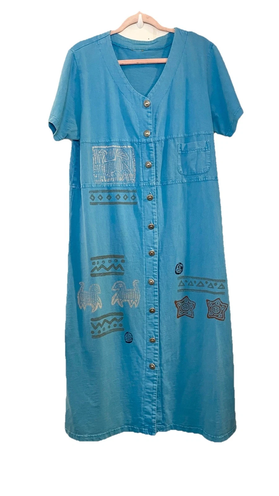 Vintage Blue Art Cotton T-Shirt Maxi Dress Button Front Tribal Lagenlook Teacher
Opens in a new wind