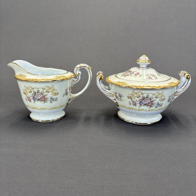 Noritake Alecto Creamer and Sugar Bowl Set Gold Trim Floral Scalloped