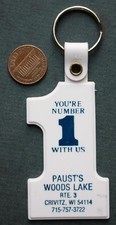 1970s Era Crivitz Wisconsin Paust's Woods Lake Ski Resort # 1 shaped keychain -
