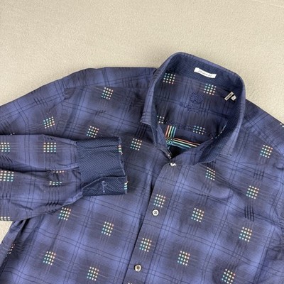 Bugatchi Uomo Shaped Fit Men's Size L Plaid Cotton Flip Cuffs Casual Shirt