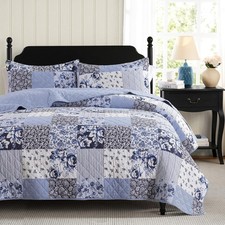 Palassio 100 Cotton Reversible Patchwork Quilt King Blue Grey Floral 3 Piece