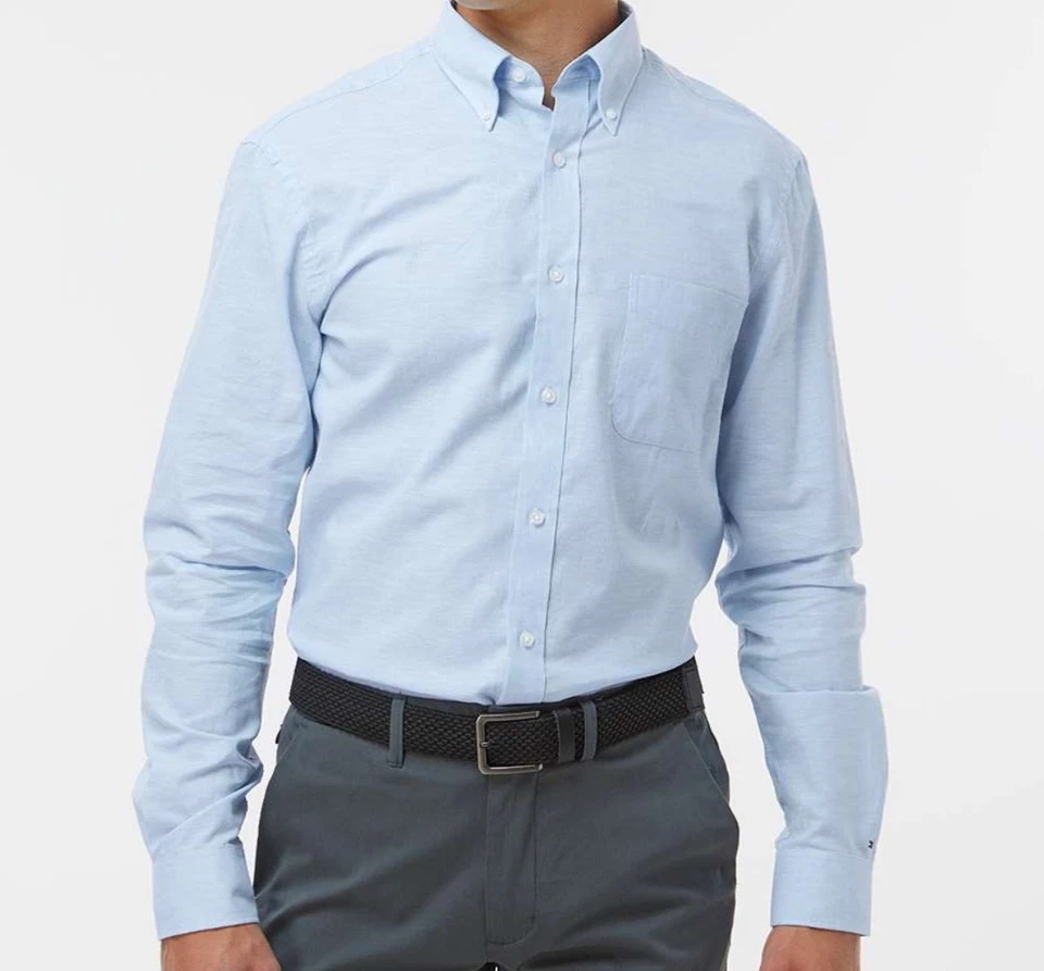 NUEVA Camisa Tommy Hilfiger Para Hombre Plácida Azul Algodón-Lino Manga Larga Con Botones Foto 2 de 2