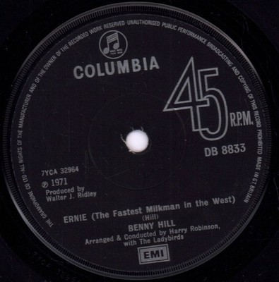 Benny Hill Ernie 7'' Vinyl UK Columbia 1971 Solid Label Design DB8833