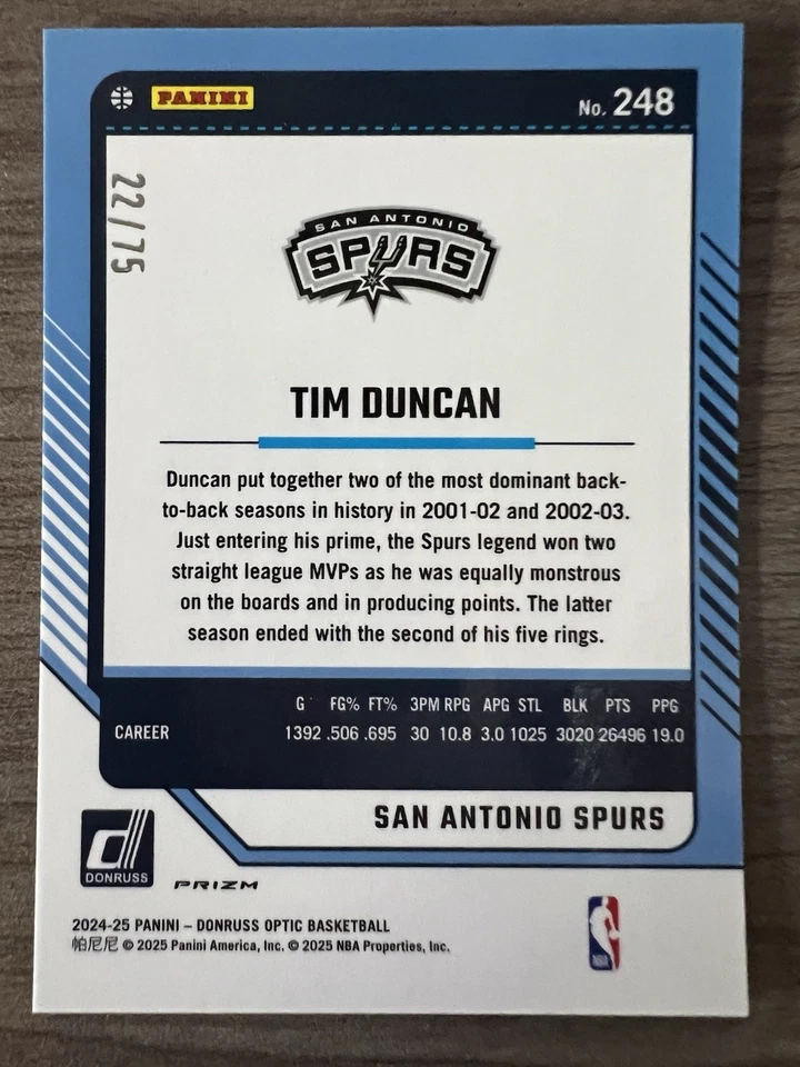 Tarjeta Panini Donruss Optic 2024-25 - Tim Duncan Red Fast Break/75 #248 Spurs casi nueva Foto 2 de 2
