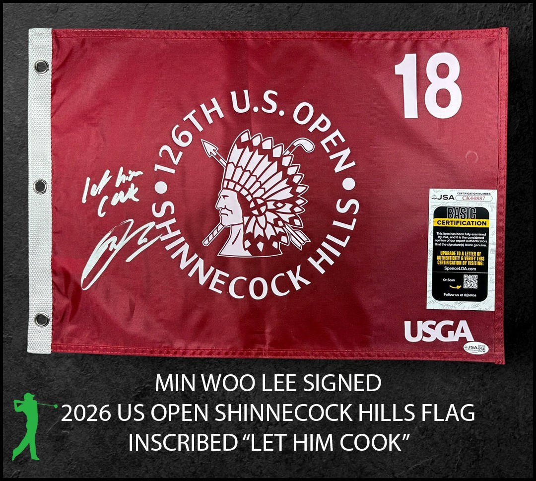 Min Woo Lee Autographed Signed LET HIM COOK 2026 US OPEN SHINNECOCK HILLS FLAG JSA COA 