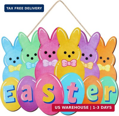 11.8inch Wooden Bunny Easter Door Wreath Wood Bunny Hanging Sign Decoration Spri