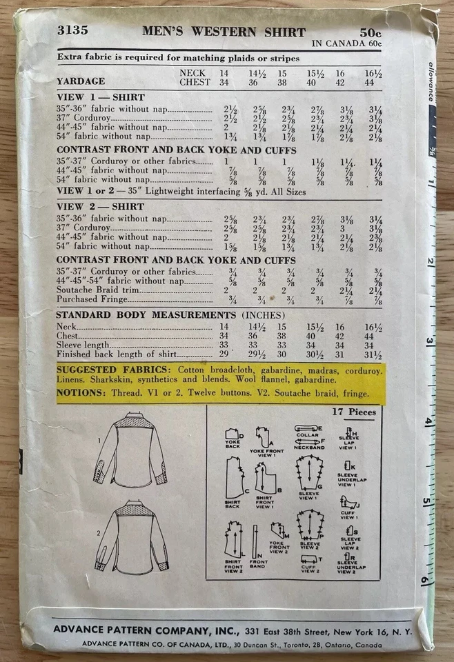 Sew-Easy Advance Men’s Western Shirt Pattern Neck 15 - Image 2 of 4