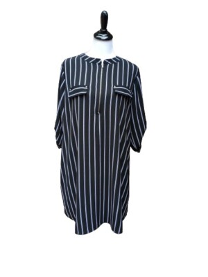Always Indigo Plus Black Stripe Dress SIZE 1X Shift 3/4 Sleeves Zip Neck Short