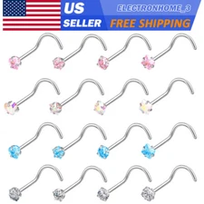 16pcs Colorful CZ Screw Bar Nose Stud Ring Stainless Steel Nostril Piercing 20G