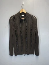 Basler Cable Knit Cardigan Zip Up Sweater UK 16 Brown Virgin Wool Rabbit Fur 
