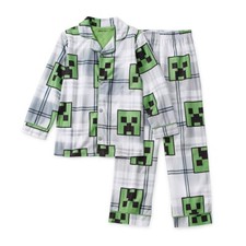 Minecraft Boy's Creeper Mob Gray Flannel Print Button Down Pajama Set