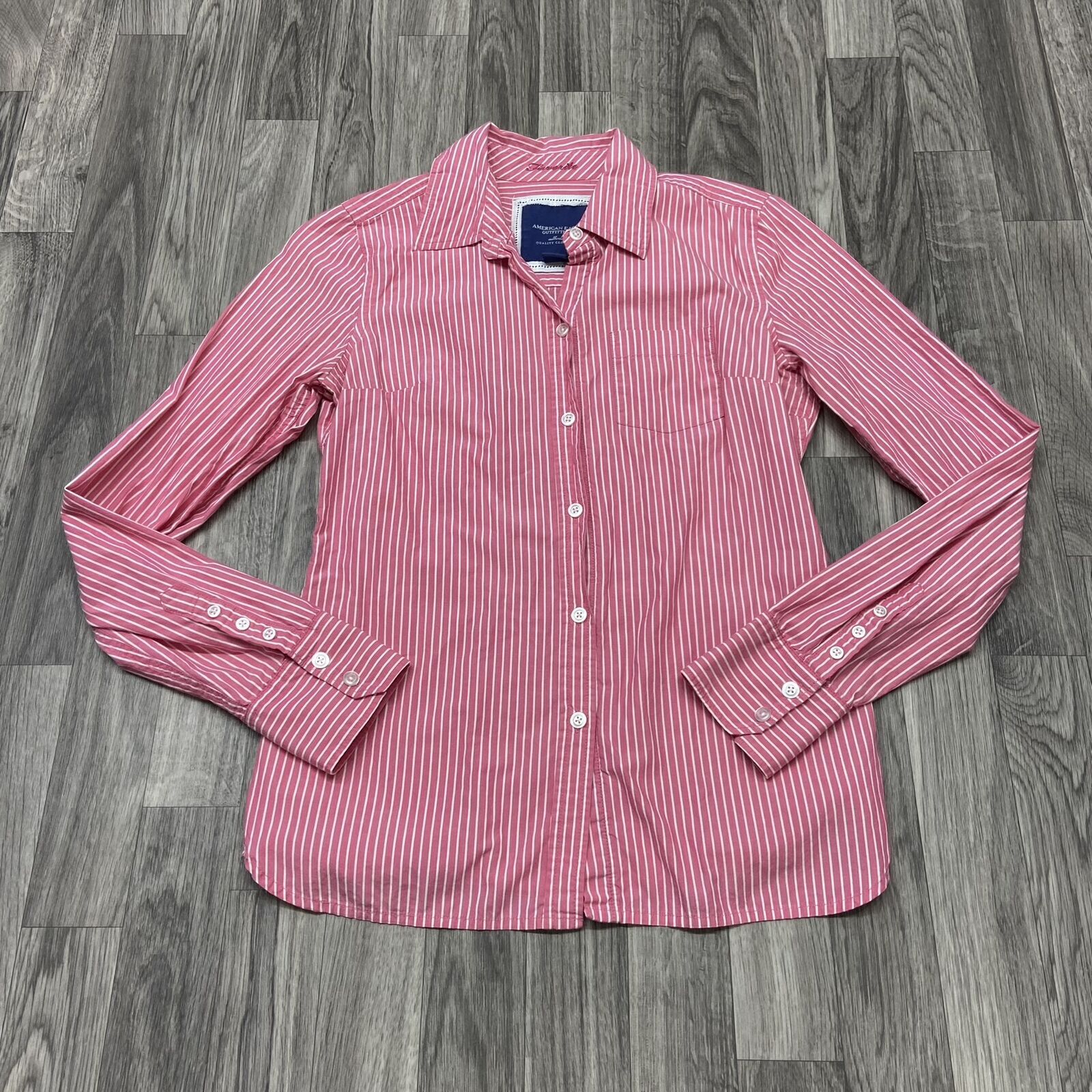 AMERICAN EAGLE Button Down Collared Pink Striped … - image 5