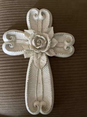 Cream Rose Easter Cross Christmas Décor Christian 12'' Home Cottage Core Plaster