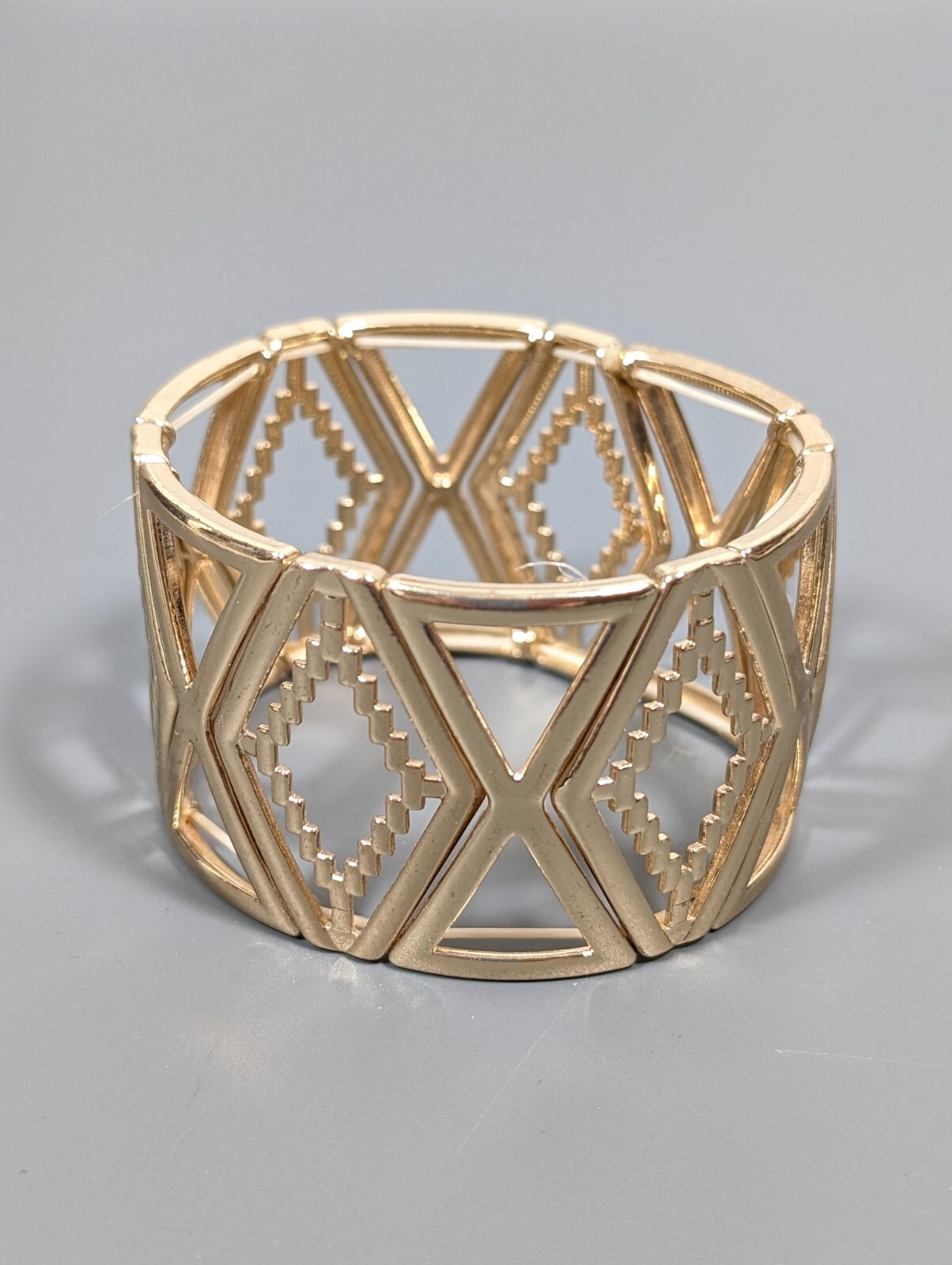 Gold Tone Open Work Diamond Shape Panel Wide Modernist Bracelet 7 inch