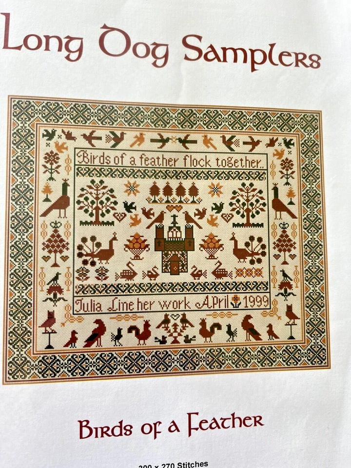 Long Dog Samplers BIRDS OF a FEATHER Cross Stitch Chart Birds Tree Peacock Urns - Image 3 of 4