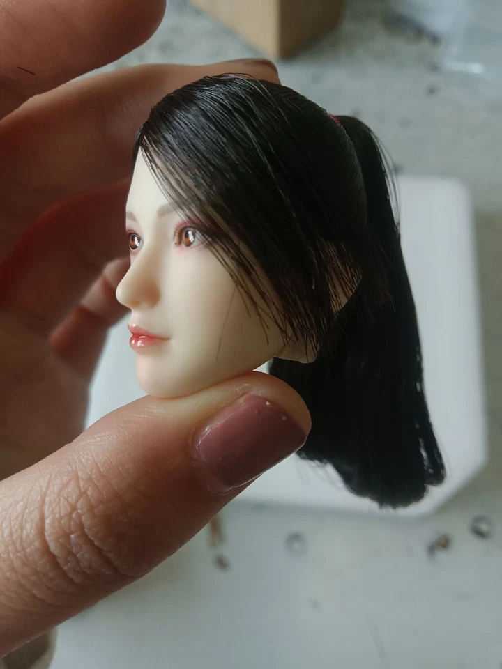 Cabeza femenina esculpida escala 1/6 con cola de caballo larga pelo negro para figura de 12" pálida Foto 2 de 4