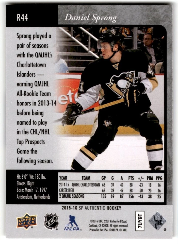 2015-16 SP Authentic '93-94 Retro Premier Prospects Daniel Sprong Rookie #R44 - Image 2 of 2