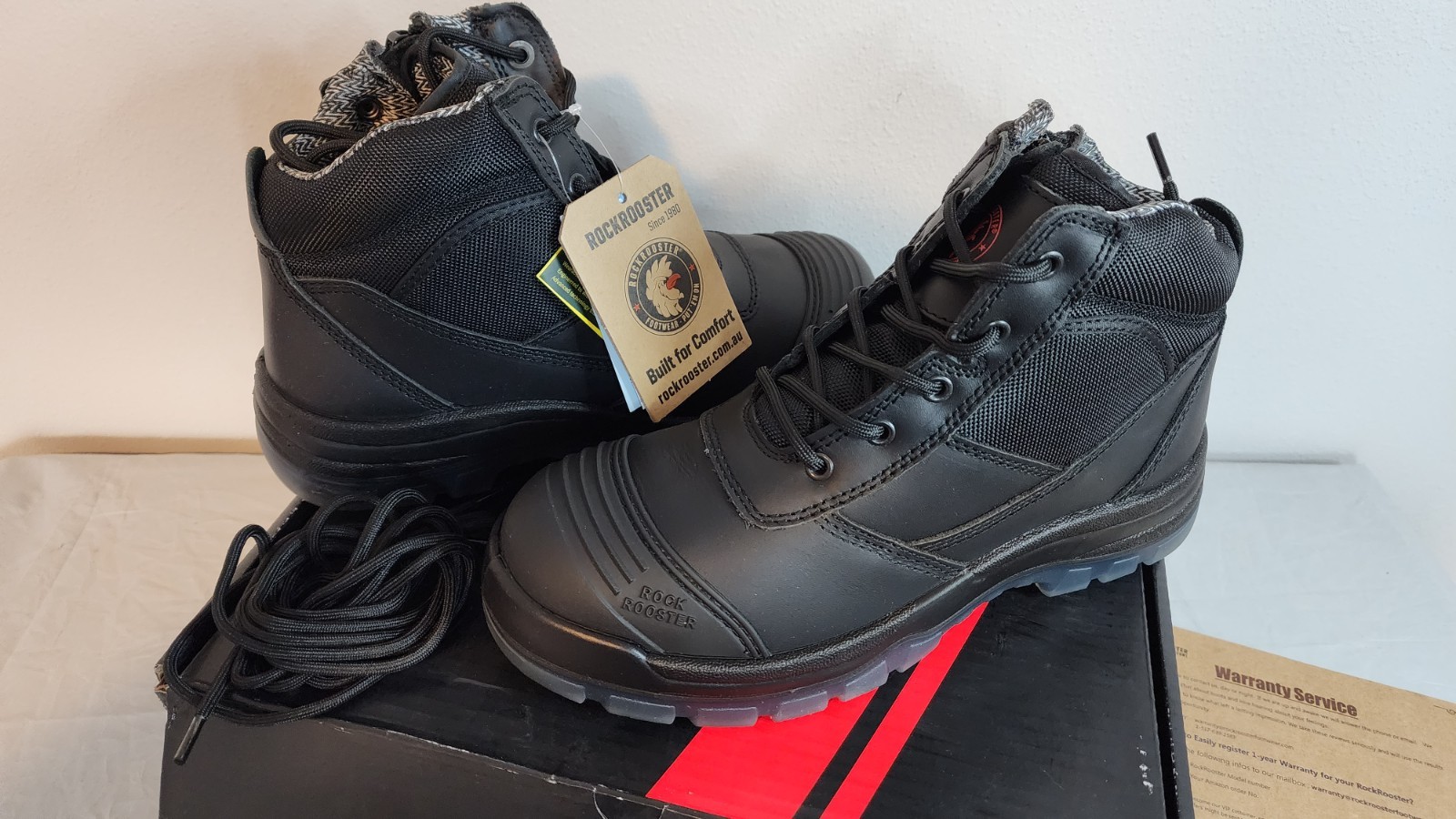 ROCKROOSTER  Steel Toe Black Leather 6" Side ZIP Pull On Work Boots SZ 9.5 WIDE