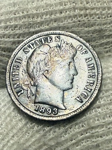 US 1893 Barber Dime 90% Silver AU+ Beautiful Deep dark Toning