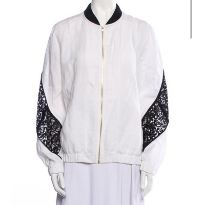 Escada Sport White Linen Lace Bomber Jacket Zip Up Black Collar Size 44 L/XL