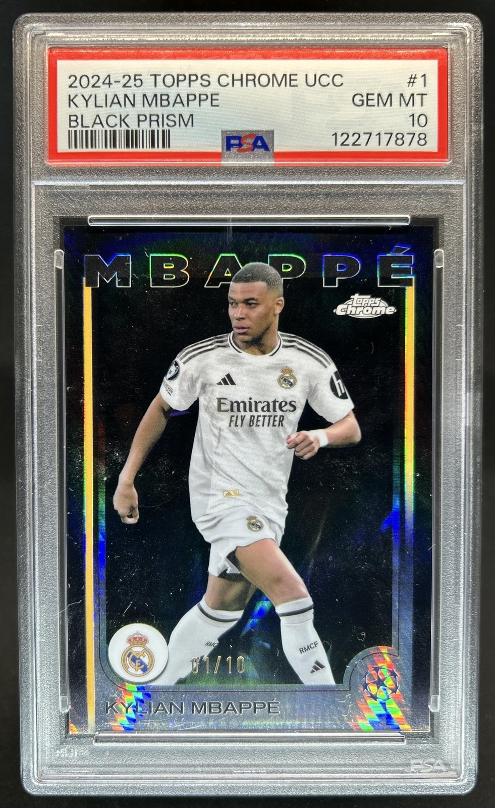 2024-25 Topps Chrome UEFA Kylian Mbappe Black Prism Refractor #/10 PSA 10 view 1