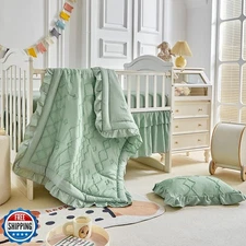 AIKASY The Ruffled Shabby Crib Bedding Set for Girls, Baby Quilted Comforter 