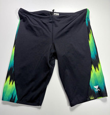 TYR Men's Jammers Swimwear Size 34 Black Green/Teal Side Panels Polyester NICE