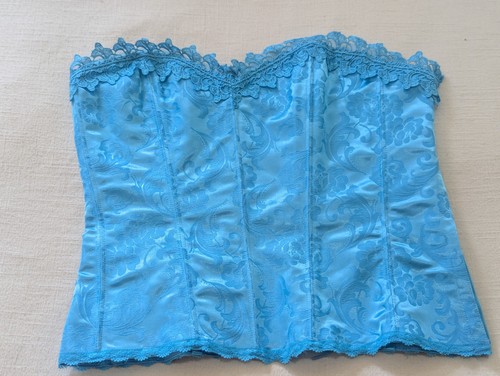 Fredricks Of Hollywood Coquette Corset Size 38 Boned Aqua Floral Satin Lace-Up
