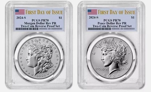 2024-S Reverse Proof $1 Morgan and Peace Silver Dollar 2pc Set PCGS PR70