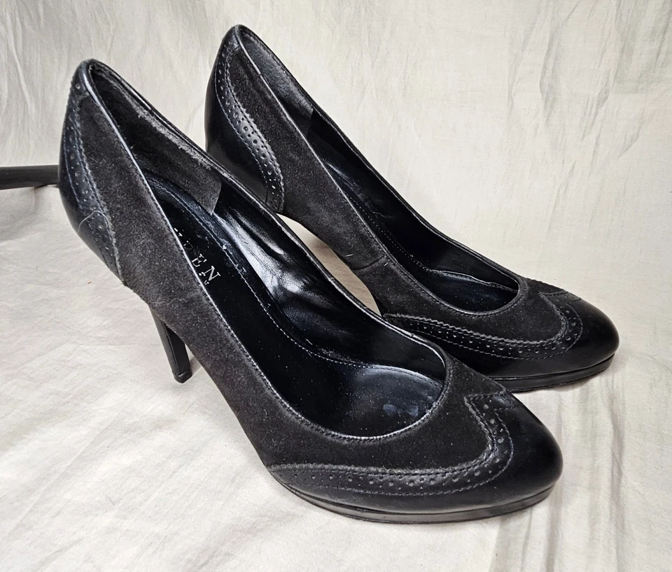 Tacones de aguja Ralph Lauren plataforma punta de ala tacones altos para mujer talla 8,5 B gamuza negra Foto 2 de 4