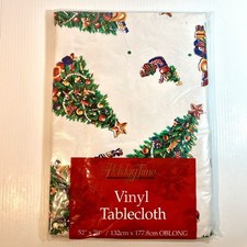 Vintage Christmas Trees Tablecloth Flannel Backed 52x70 Oblong Holiday Time NOS