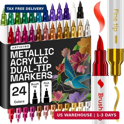ARTISTRO 24 Metallic Acrylic Paint Markers - Paint Pens for Drawing, Brush + Fin