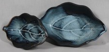 RARE VINTAGE TAKAHASHI CERAMIC 2 ART NESTED BROWN & BLUE DRIP GLAZE LEAF BOWLS