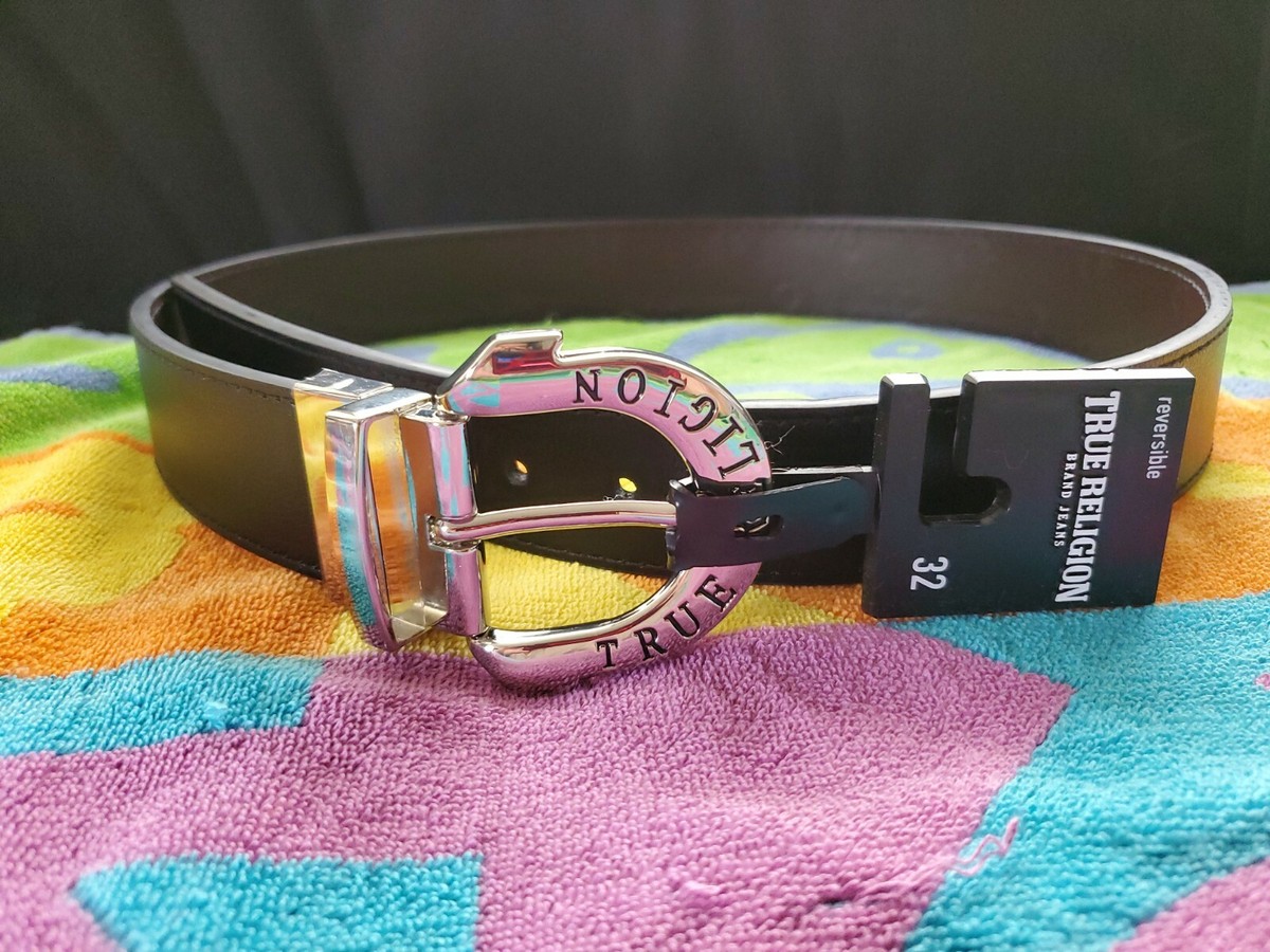 NEW True Religion Horseshoe Harness Reversible Belt Black 