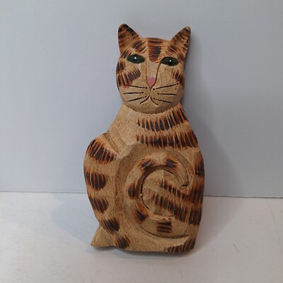 James Haddon Wood Cat Hand Carved Sitting Signed Folk Art 1990s