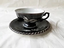 Rudolf Wachter RW Bavaria Demitasse Cup & Saucer, Black, White Leaf, Handpainted