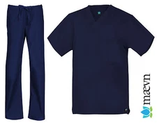 Maevn Unisex Navy Blue Scrub Set One Pocket Top Drawstring Pants 2XS to 2XL