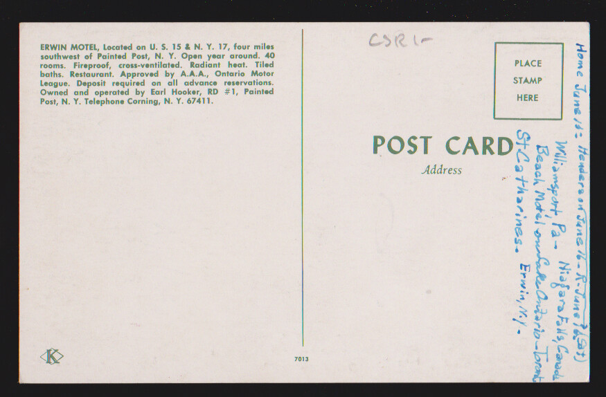 NEW YORK NY Painted Post Erwin Motel Postcard eBay