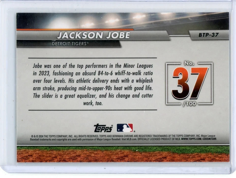 2024 Bowman Chrome Jackson Jobe Detroit Tigers #37 Top 100 Prospects Card BTP-37 - Image 2 of 2
