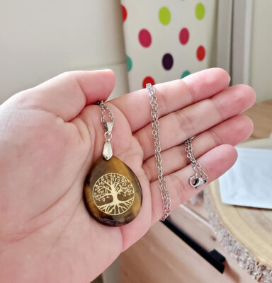 Collier Pendentif Oeil De Tigre, Pierre Naturelle, Acier Inoxydable, 45cm, Neuf