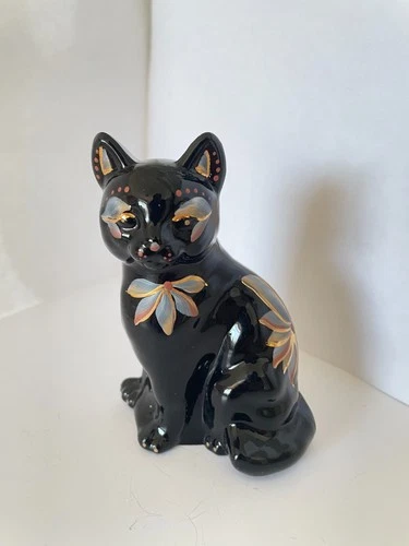 Vintage Fenton Art Glass Black Cat Figurine Hand painted Flowers Artist Signed